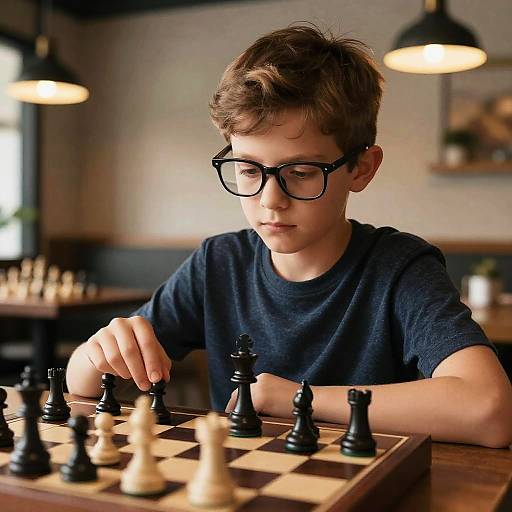 Photograph of a young boy with brown hair and black glasses, wearing a navy t-shirt, focused on a chess game in a dimly lit café