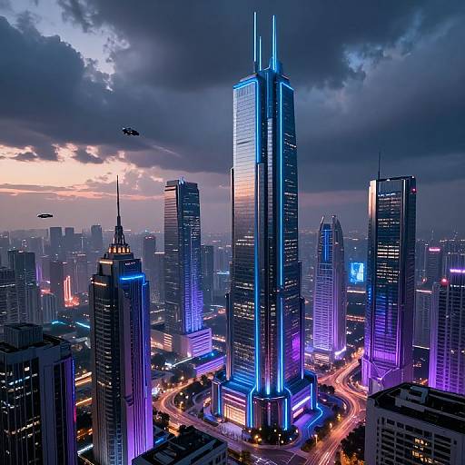 Photograph of a futuristic cityscape at dusk, featuring towering illuminated skyscrapers in blue, purple, and neon lights, with two flying drones in
