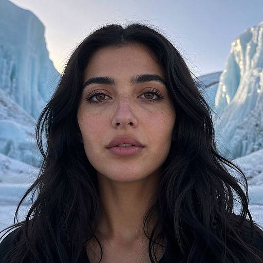Photograph of a young woman with long black hair, brown eyes, and freckles, standing in front of icy blue glaciers. Her expression is