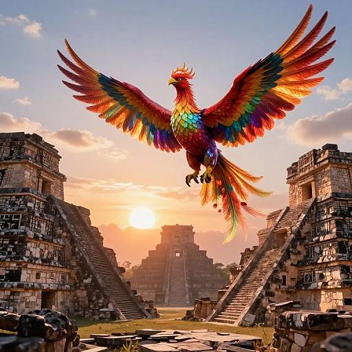 Digital artwork of a vibrant, rainbow-feathered phoenix soaring above ancient Mayan ruins at sunset, with stepped pyramids and a glowing sky in the