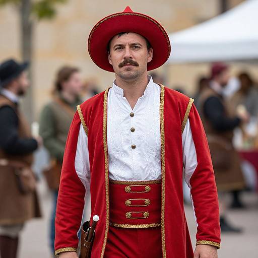 Photograph of a man with a mustache, wearing a red velvet coat, white shirt, red waistcoat, and red hat, standing outdoors at