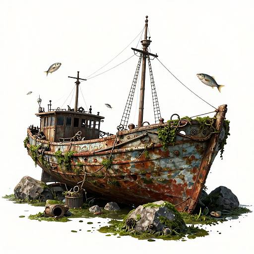 Steampunk Old Boat Amidst Rocks