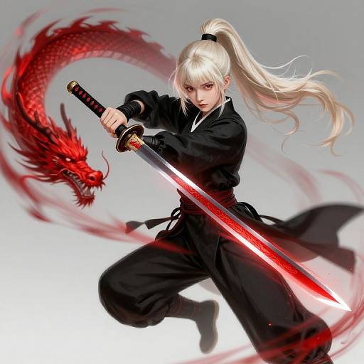 Digital anime artwork of a white-haired woman in a black kimono, wielding a glowing red sword, with a red dragon swirling behind her.