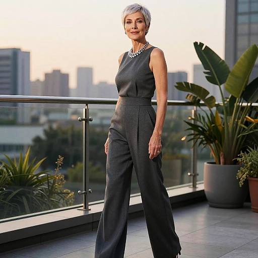 Photograph of an older woman with short gray hair, wearing a sleeveless dark gray jumpsuit with a jeweled necklace, standing on a balcony with