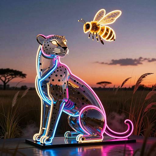 Neon-lit cheetah statue with glowing blue, pink, and purple lights, watching a illuminated honeybee against a sunset savanna backdrop.