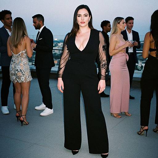 Photograph of a confident woman with long dark hair in a deep V-neck black jumpsuit, standing on a rooftop at a nighttime event, surrounded by