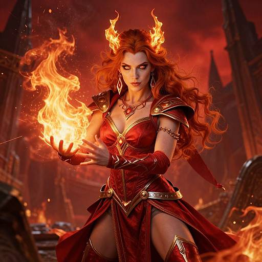Digital artwork of a fiery, red-haired demoness with horns, wearing a red, gold-trimmed armor dress, conjuring flames in a fiery