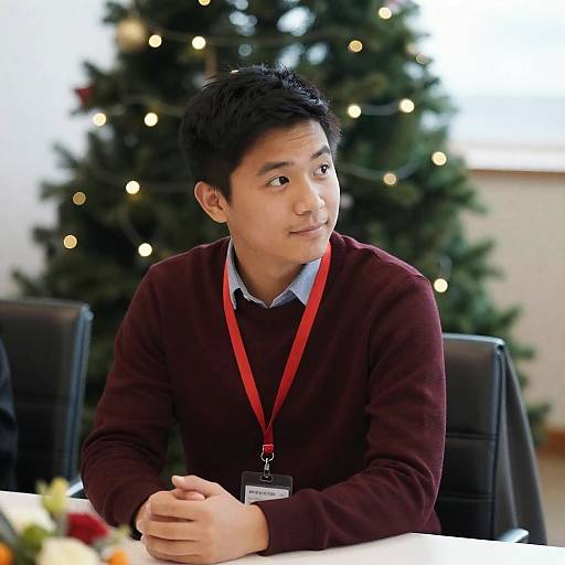 Young Man at Table with Christmas Background