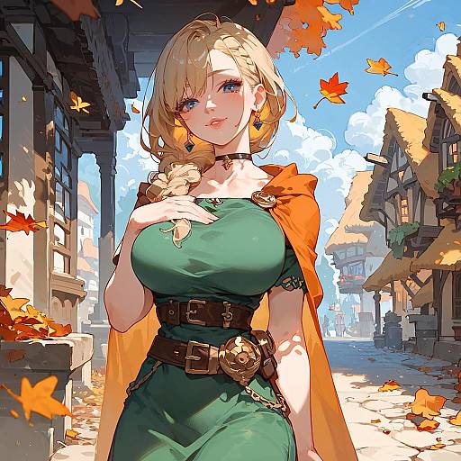 Happy Girl in Autumn Village Scene