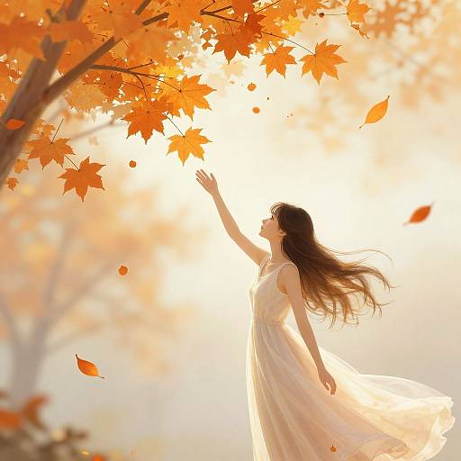 Digital painting of a woman in a flowing white dress, reaching up to orange autumn leaves, with sunlight filtering through the tree.