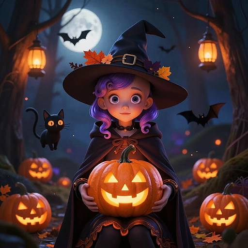 Whimsical Halloween Witch in Moonlit Forest