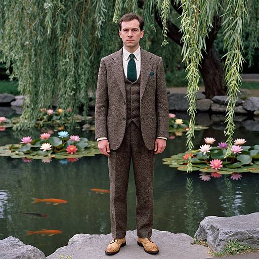 Photograph of a man in a brown tweed three-piece suit, white shirt, black tie, and tan shoes, standing on a rock by a