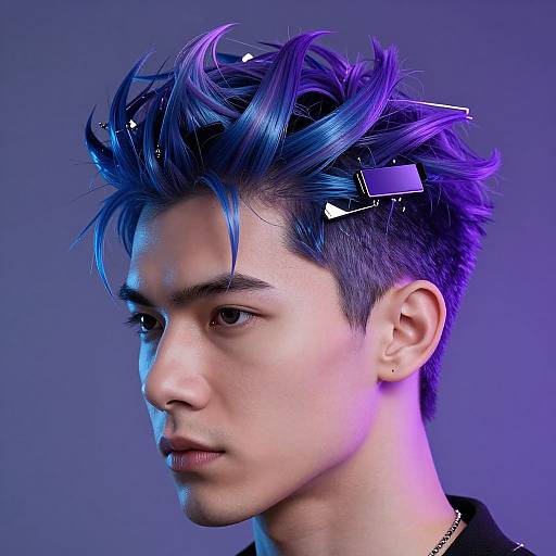 Photograph of a young Asian man with spiky, blue and purple hair, adorned with black clips, against a blue gradient background.