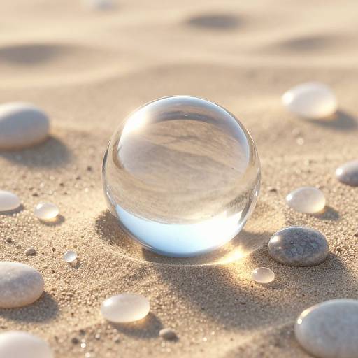 Photograph of a clear glass sphere resting on sandy beach, reflecting sunlight, surrounded by smooth pebbles, with soft golden sunlight.