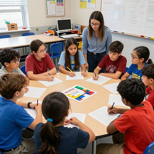 Photograph of a diverse group of children, seated around a classroom table, writing on papers with a female teacher standing, guiding them. Bright classroom with