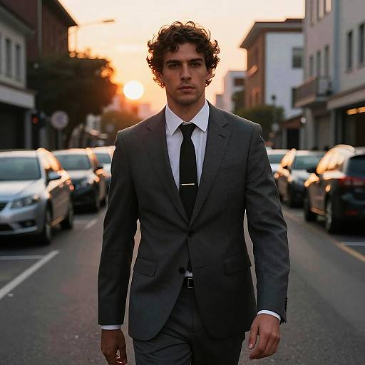 Photograph of a curly-haired, serious-faced man in a dark gray suit and black tie walking down a busy urban street at sunset, with cars and