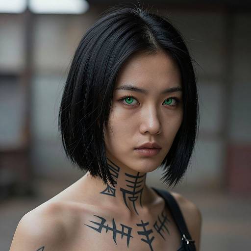 Photograph of an Asian woman with short black hair, green eyes, and black tribal tattoos on her neck and chest. She's topless, with