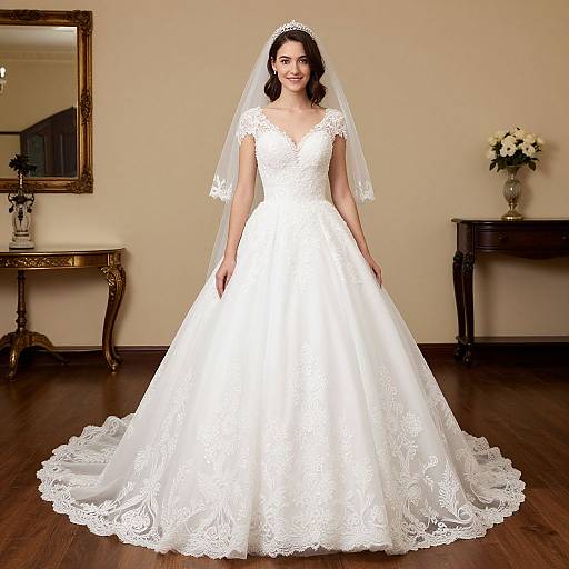 Photograph of a smiling bride in a white lace wedding gown with a V-neck and long veil, standing in a warmly lit room with wooden floors and