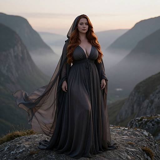 Photograph of a curvy woman with long red hair in a sheer black, deep V-neck gown, standing on a rocky mountain peak at sunset,