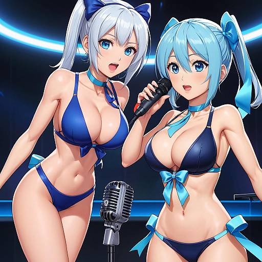Anime-style digital illustration of two blue-haired, blue-eyed women in blue bikinis with bows, holding a microphone, on stage.