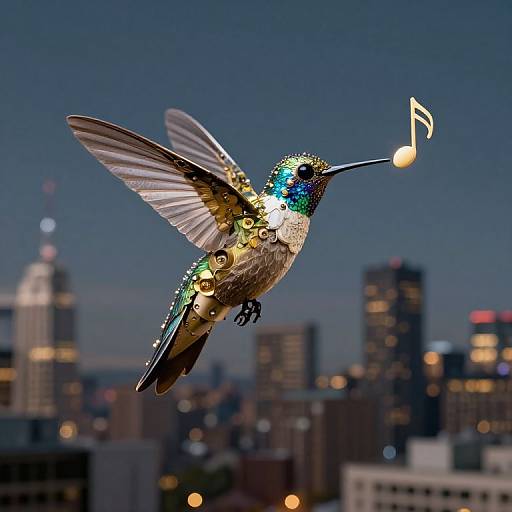 Photograph of a iridescent hummingbird with green, blue, and gold feathers, hovering mid-flight with a musical note near its beak,