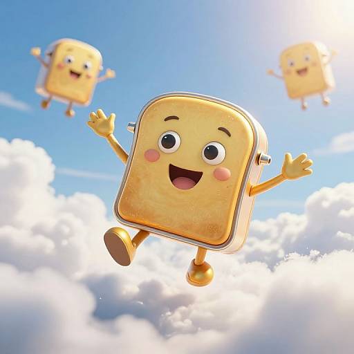 CGI image of three cheerful, anthropomorphic, golden-yellow toast characters with arms and legs, jumping joyfully in a bright blue sky with fluffy white