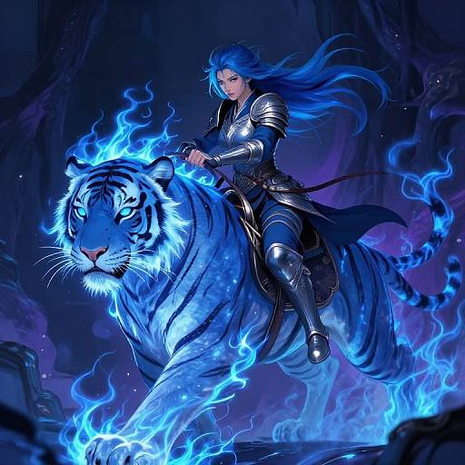 Digital fantasy artwork of a blue-haired warrior in silver armor riding a blue, fire-encircled, magical tiger through a dark, mystical forest.