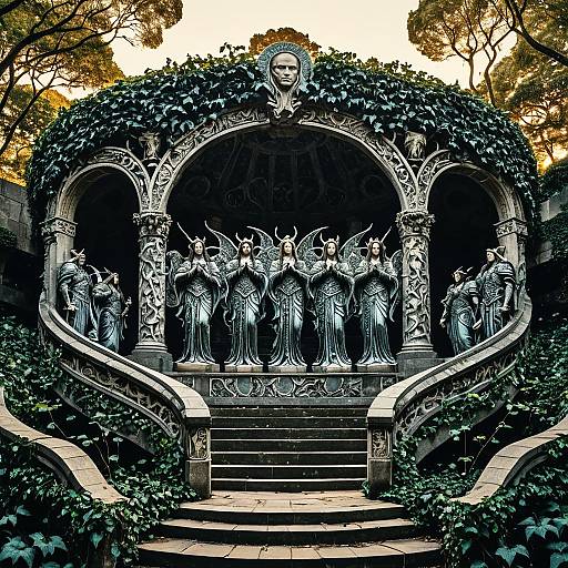 Celestial Guardians in Ivy-Covered Stone Amphitheater