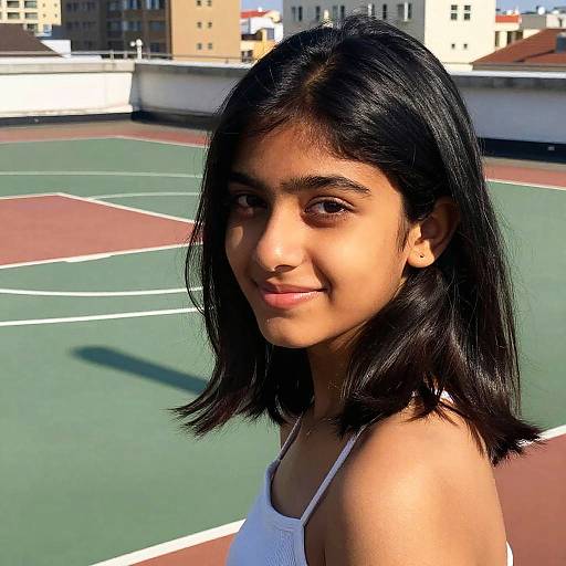 Photograph of a young woman with medium brown skin, straight black hair, and brown eyes, wearing a white tank top, smiling on a sunny rooftop