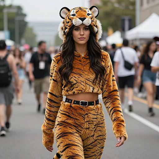Photograph of a woman with long dark hair wearing a tiger onesie outfit, complete with a tiger head hood, walking confidently on a busy city street