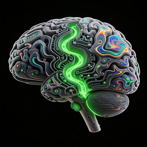 Digital artwork of a brain with intricate, colorful circuitry and glowing green pathways against a black background, blending neurology and technology.
