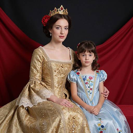 Photograph of a fair-skinned woman in a gold, ornate gown and crown, sitting beside a young girl in a light blue, floral dress