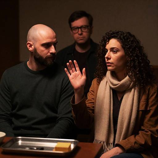 Three People in Dimly Lit Room with Intense Expressions