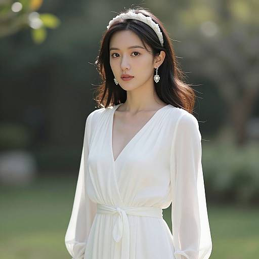 Photograph of an Asian woman with long black hair, wearing a white, V-neck, long-sleeve dress and white headband, standing in