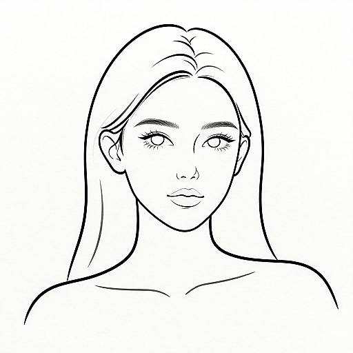 Black and white line drawing of a young woman with long hair, gentle smile, and closed eyes, viewed from the chest up.
