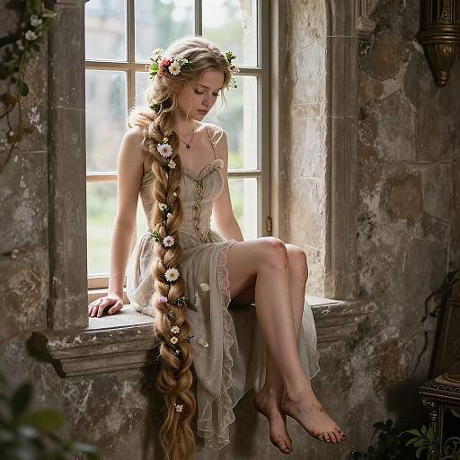 Photograph of a fair-skinned woman with long braid adorned with flowers, wearing a sheer, lace-trimmed dress, sitting on a sun