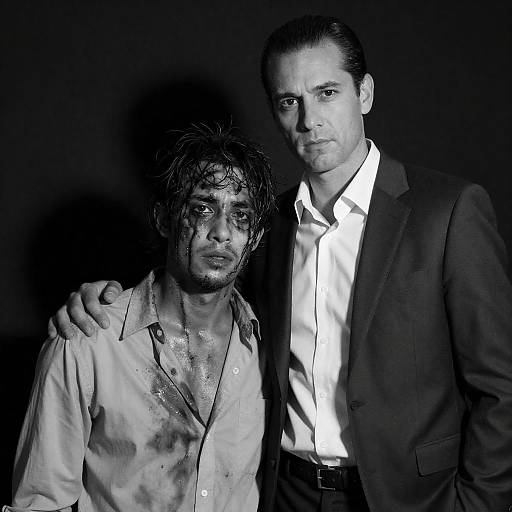 Black-and-white image of two men, one injured and one supportive