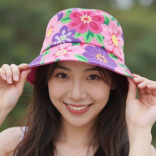Photograph of a smiling Asian woman with long black hair, wearing a colorful floral bucket hat, holding the brim with both hands, set against a