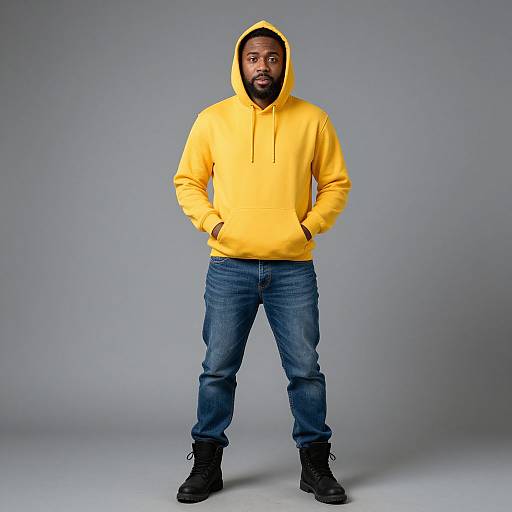 Photograph of a Black man with a beard, wearing a bright yellow hooded sweatshirt, blue jeans, and black boots, standing against a plain