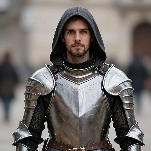 Photograph of a serious, bearded man in medieval silver armor with a black hood, standing outdoors with a blurred city background.
