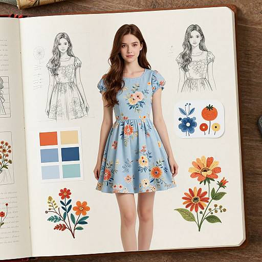 Photograph of a young woman in a blue floral dress, standing in front of an open sketchbook with floral designs, color swatches, and line