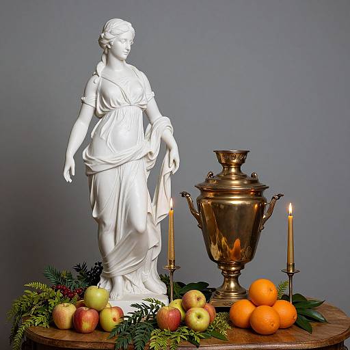 Photograph of a white marble statue beside a brass urn, two lit candles, apples, oranges, and greenery on a wooden table.