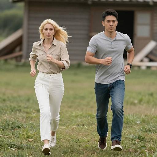 Dynamic Duo Running Through Grassy Field