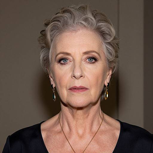 Photograph of an elderly woman with short, wavy gray hair, blue eyes, wearing black attire, gold earrings, and necklace, against a plain