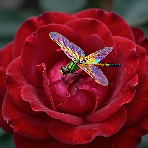 Close-up photograph of a vibrant, iridescent dragonfly with yellow and black stripes perched on a rich red rose bloom.