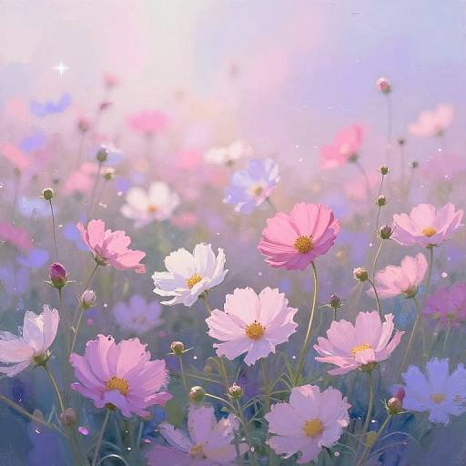 Digital painting of a sunlit field of pink and white cosmos flowers, with soft, glowing light and a dreamy, ethereal background.