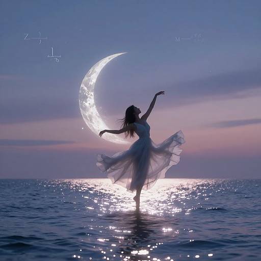 Silhouetted dancer in flowing dress, arm raised, stands in shimmering water under glowing crescent moon at twilight. Digital art.