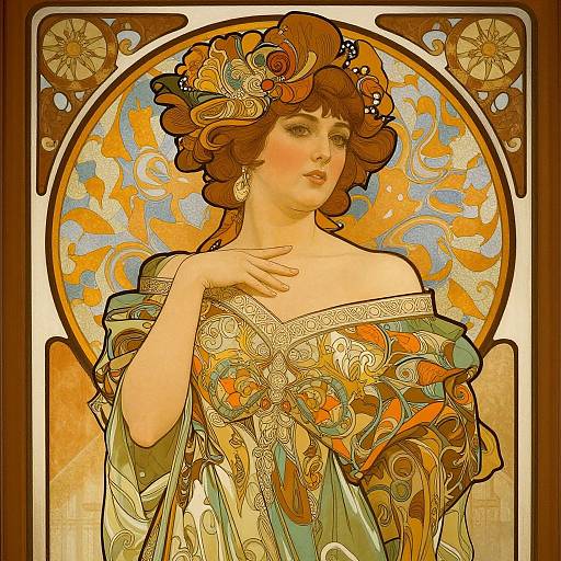 Art Nouveau-style digital illustration of a fair-skinned woman with curly auburn hair, adorned with flowers, wearing an ornate, off-