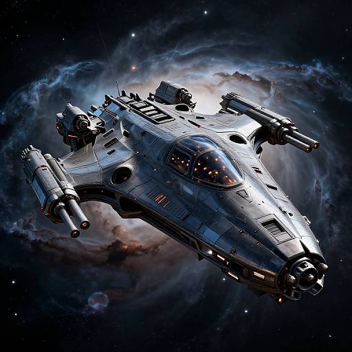 Digital artwork of a sleek, silver spaceships with twin proton cannons, flying through a vibrant, star-filled galaxy with a swirling nebula background.