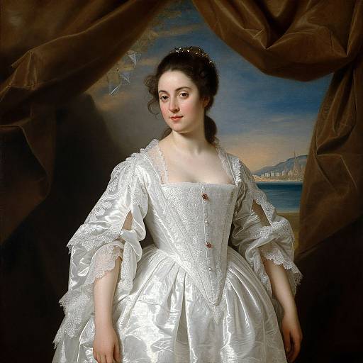Portrait of a fair-skinned woman with dark hair in an 18th-century white lace gown, set against a seascape backdrop with brown curtains.
